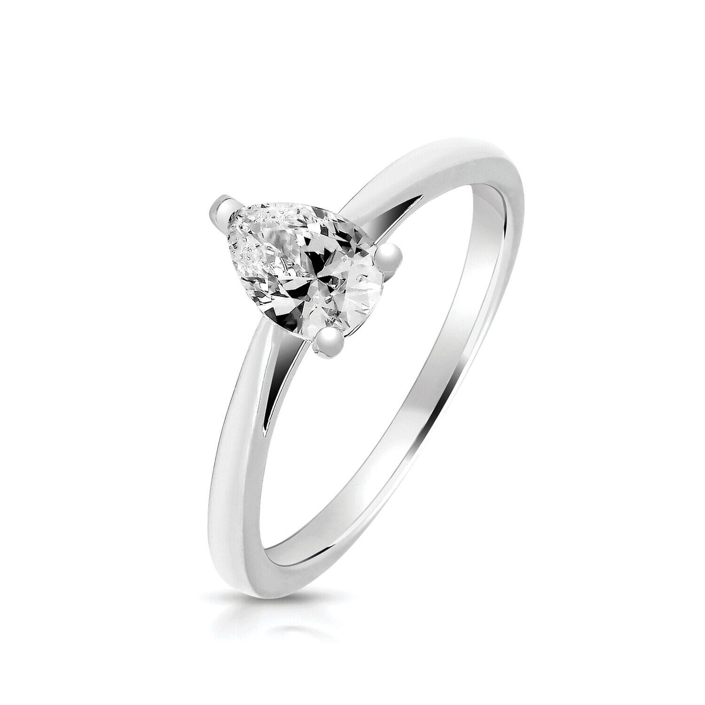 Sterling Silver 3 Claw Set 8x6mm Pear Solitaire Ring 925 Hallmark Rhodium Plated