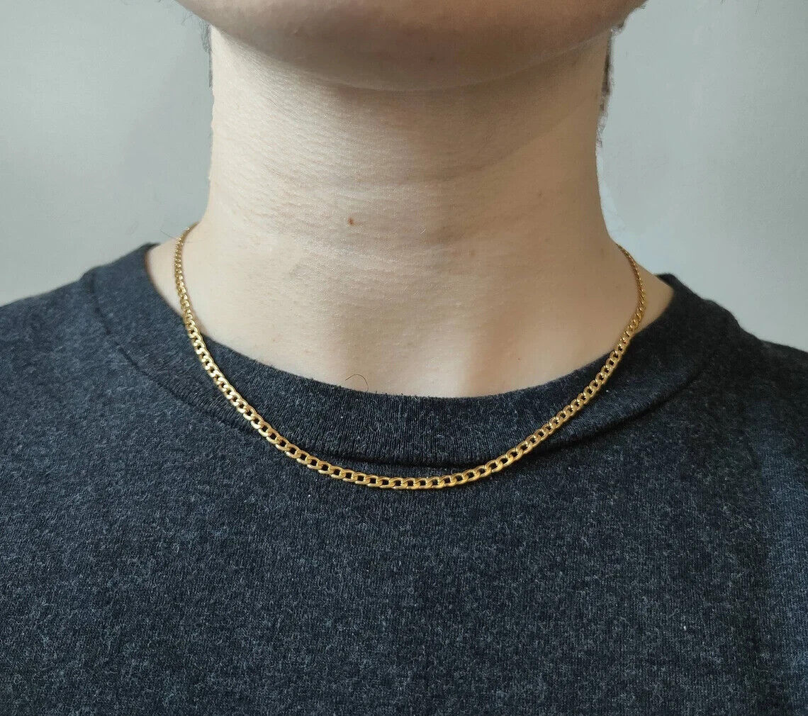 9ct Yellow Gold Curb Chain 16" Heavy Flat Bevelled 2mm Wide Hallmark Mens Womens