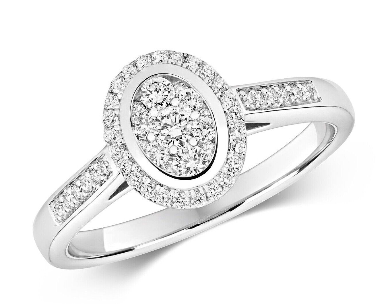 Real Diamond Halo Engagement Ring 9ct White Gold Oval Cluster 0.33 Carat Weight