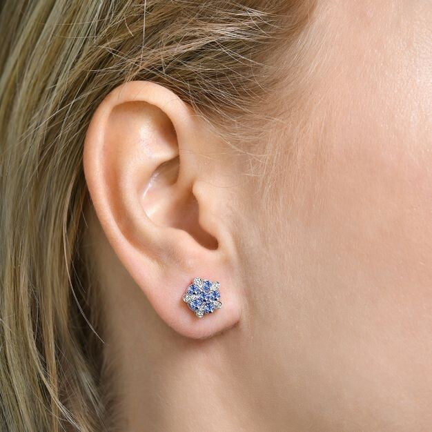 9ct White Gold Tanzanite and Diamond Earrings 9.4mm Diameter Hallmarked