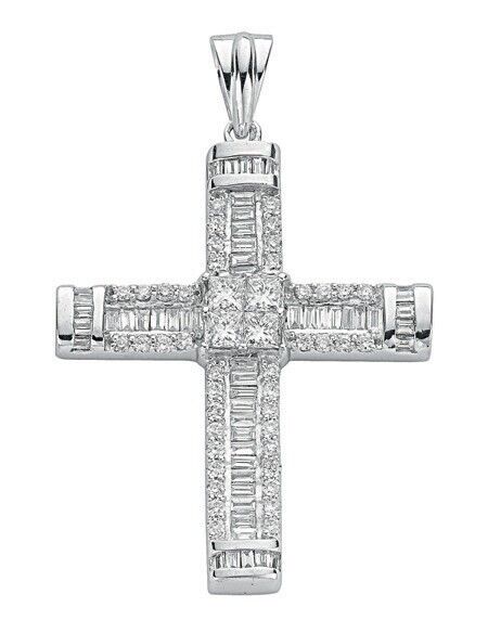 18ct White Gold 1.52ct Brilliant, Princess & Baguette Diamond Cross Pendant