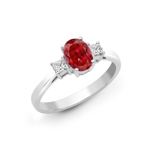 Real Ruby and Diamond Ring 18ct White Gold Three Stone Trilogy 1.24 Carat Weight