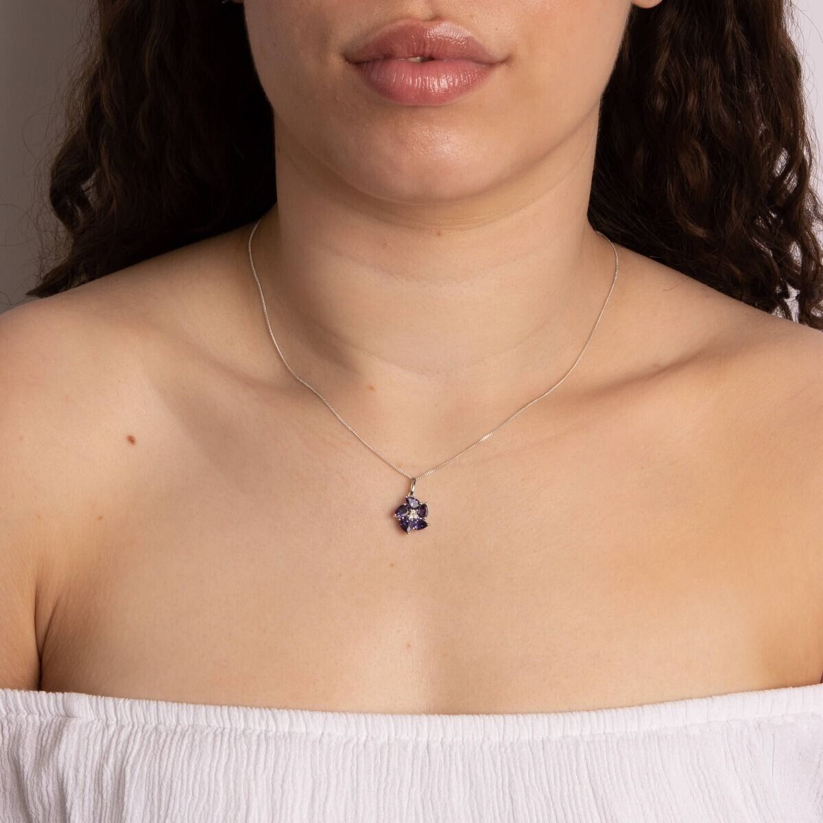 Iolite Diamond Peony Flower Set White Gold Pendant Earrings 16 18 or 20" Chain