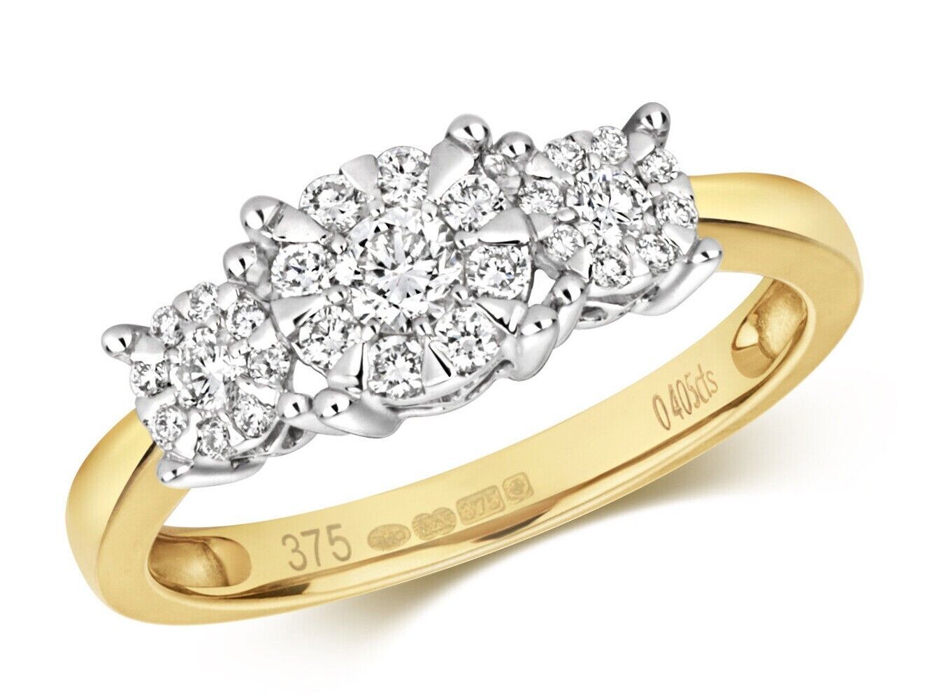 Real Diamond Three Cluster Ring 9ct Yellow Gold 0.41 carat of Diamonds