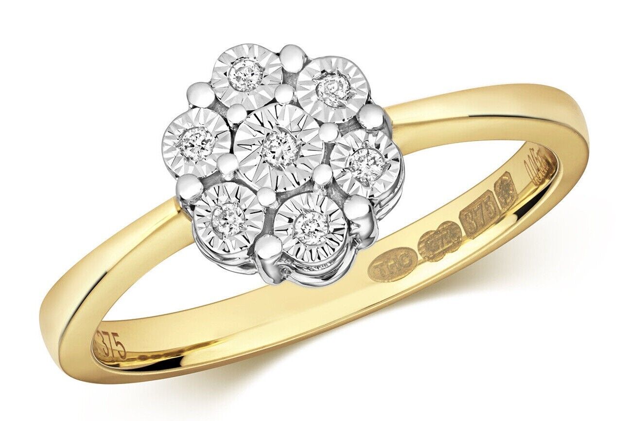 9ct Yellow Gold Diamond Ring Round Illusion Set Cluster Size J K L M N O P Q