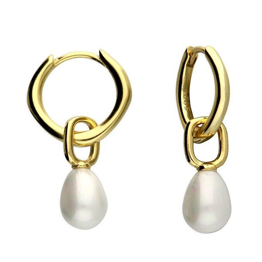 Yellow Gold Pearl Bomb Huggie Hoop Drop Earrings on Sterling Silver 925 Hallmark