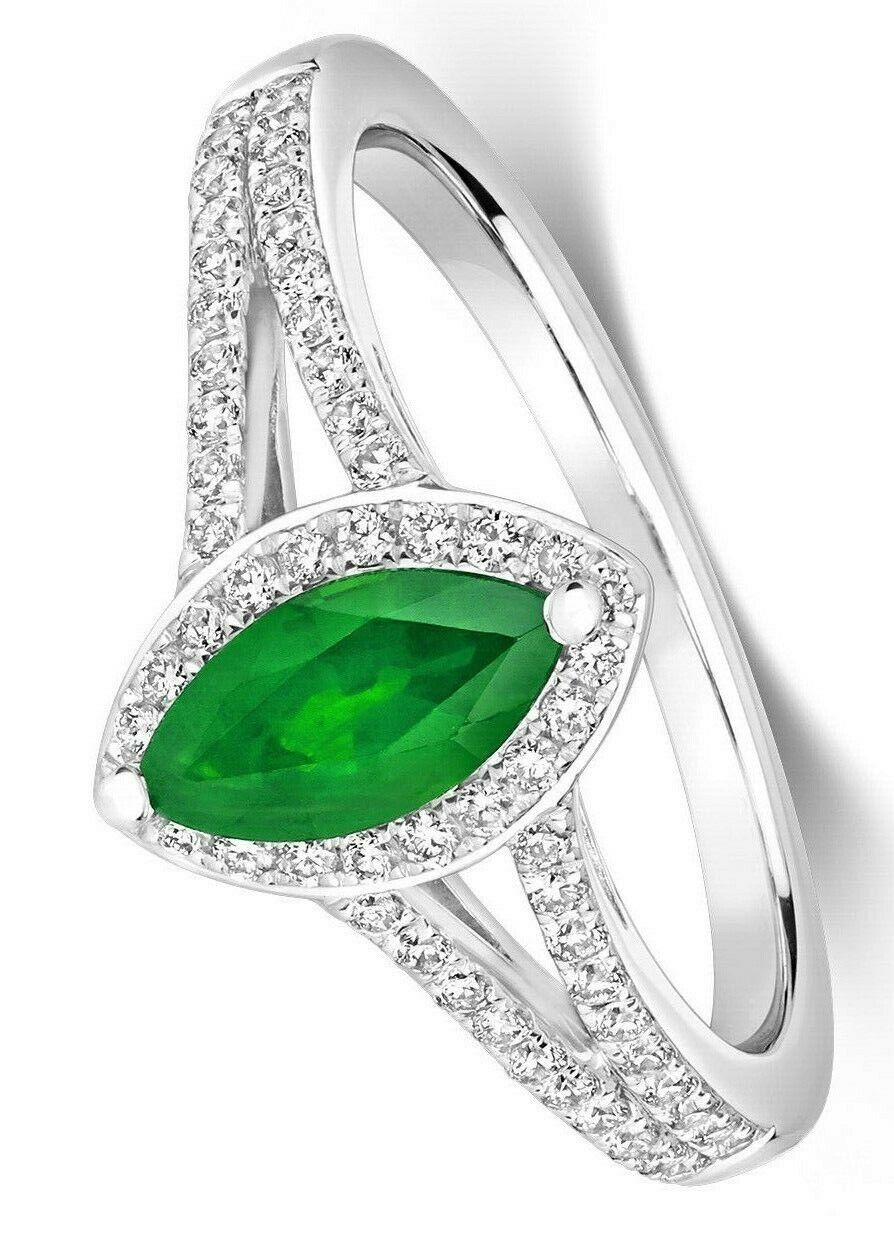 Real Emerald Marquise and Diamond Ring 18ct White Gold Cluster Engagement Halo