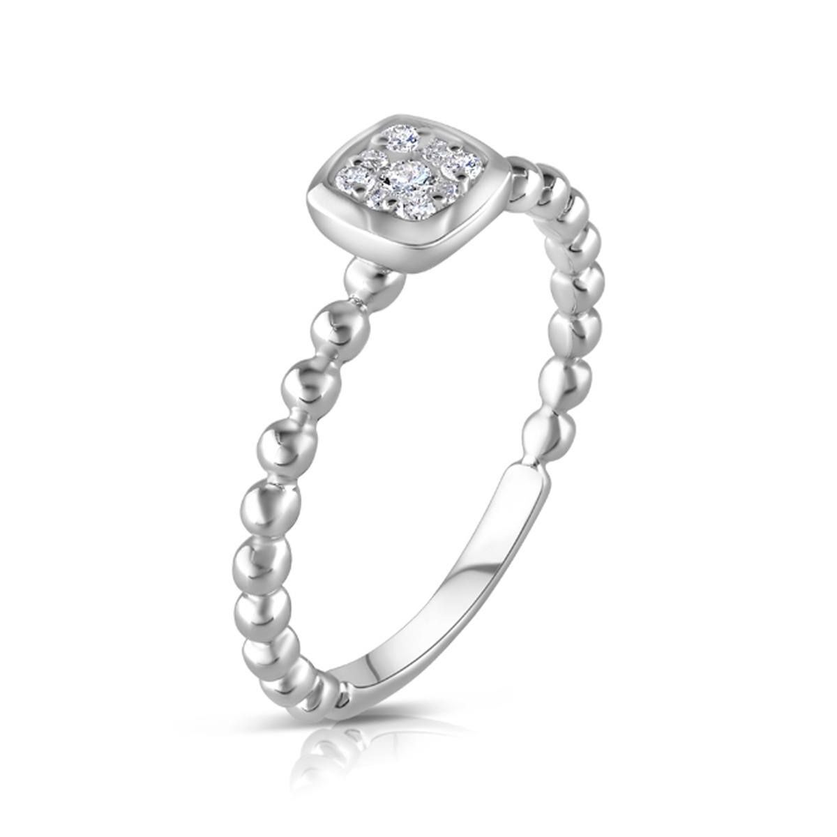 9ct White Gold 0.10ct Real Diamond Beaded Shank Square Top Ring