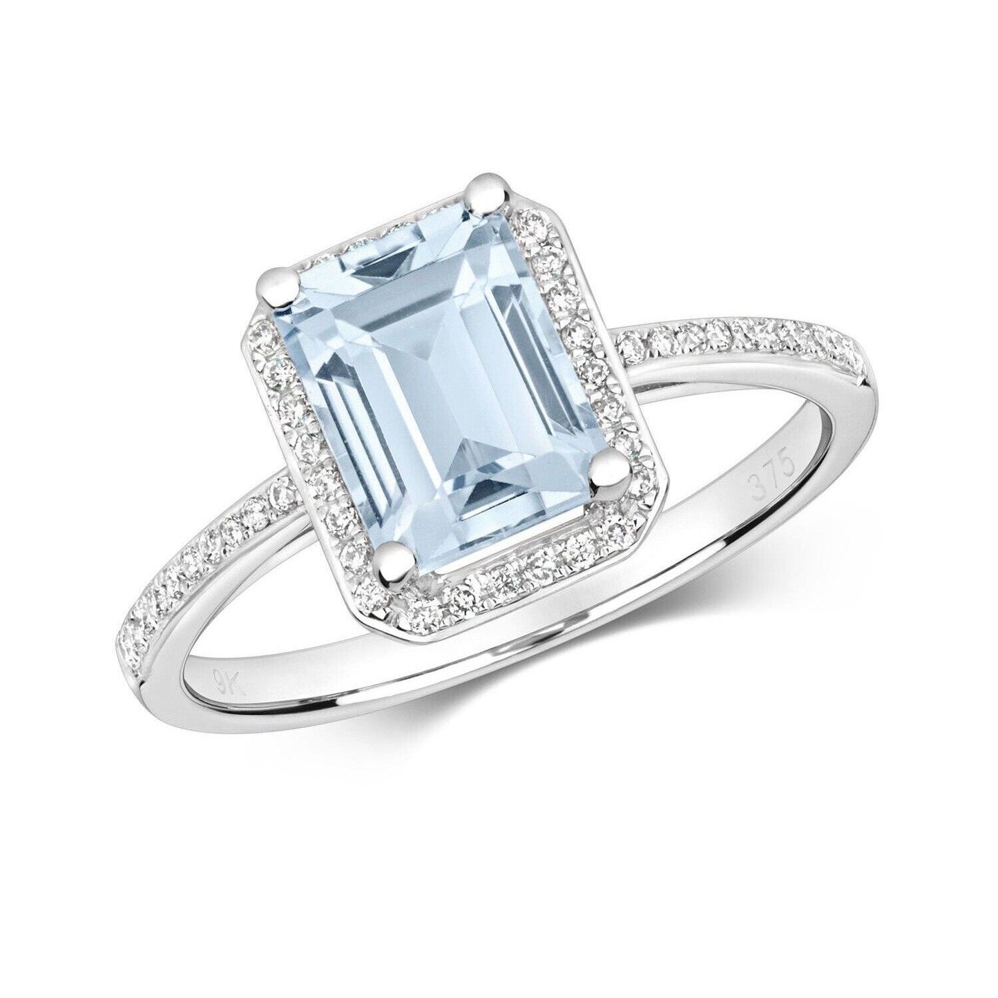 Real Aquamarine and Diamond Ring 9ct White Gold Emerald Cut Engagement Size J-Q