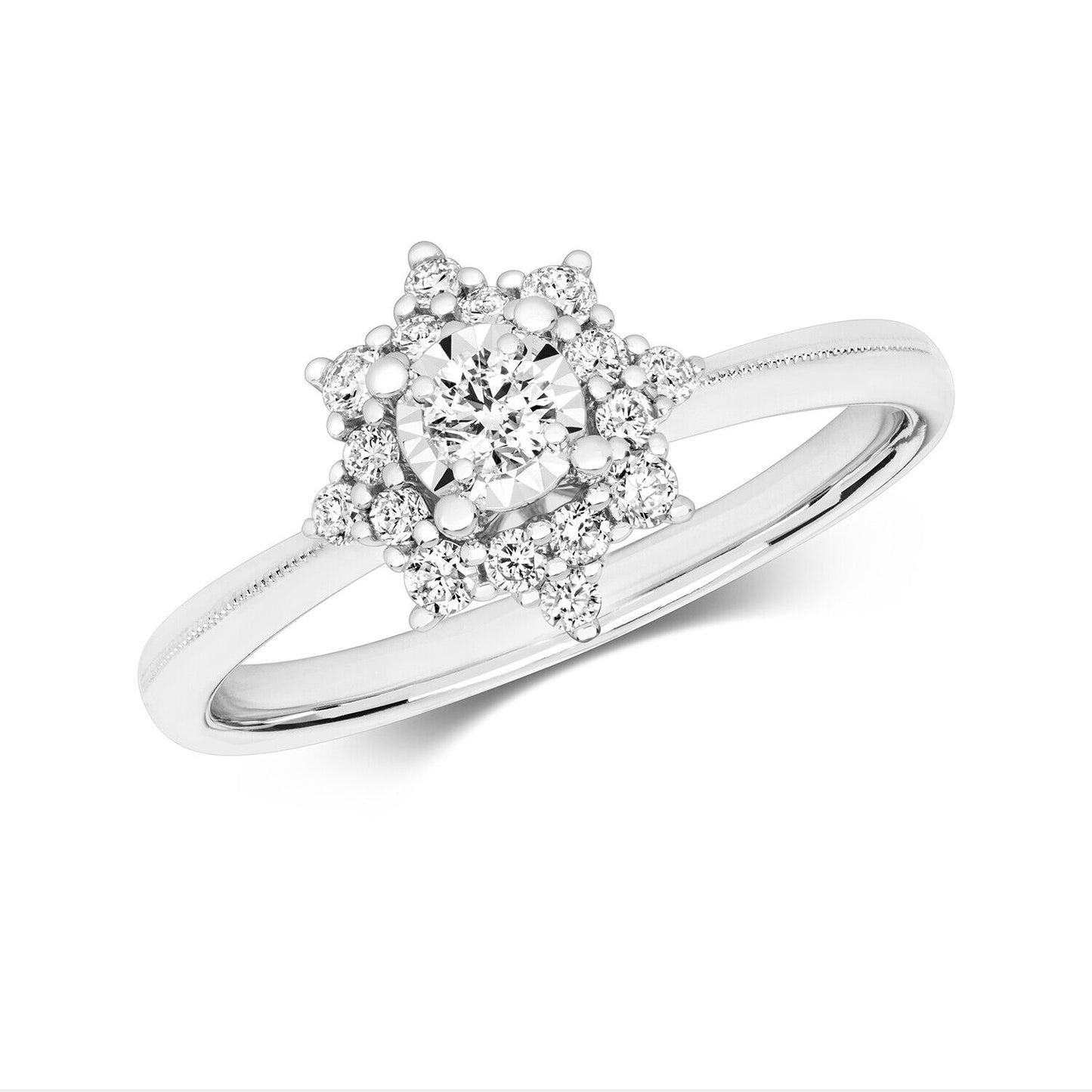Real Diamond Ring Engagement Cluster 9ct White Gold 0.32ctw Size J - Q