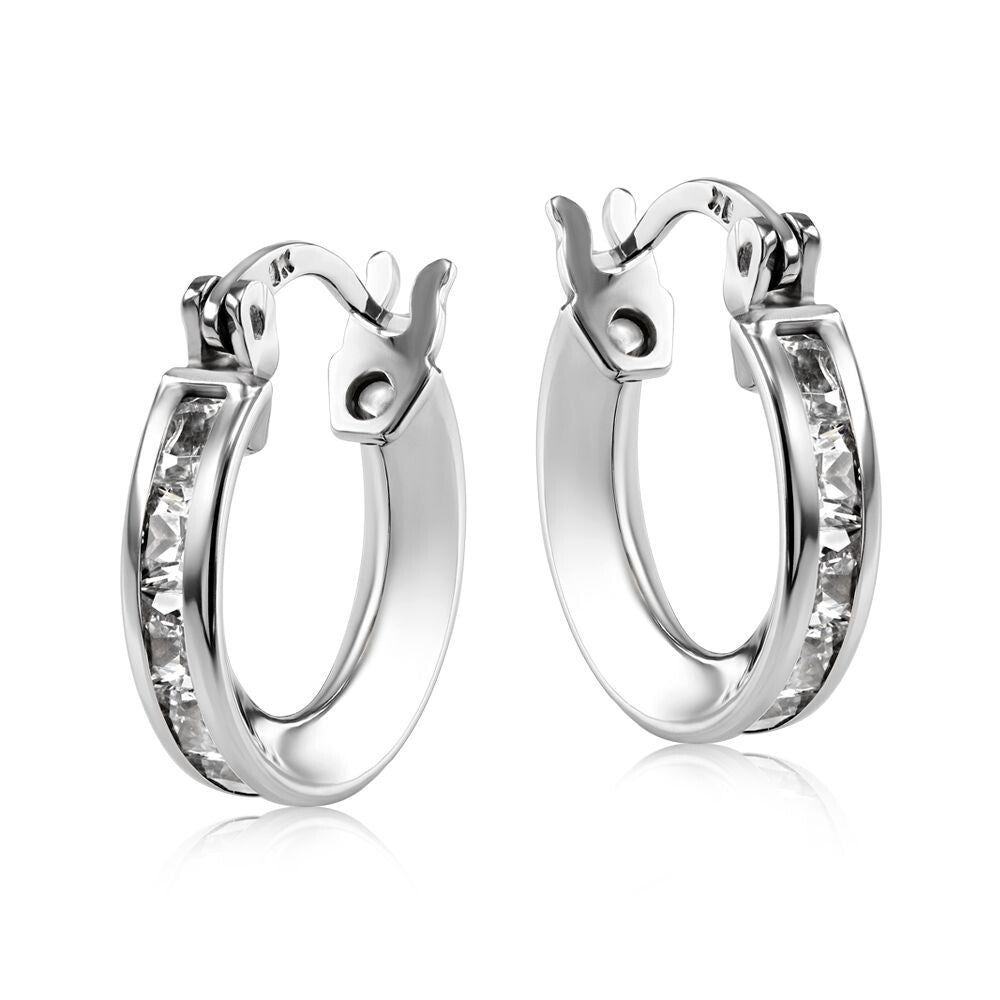White Gold Gemstone Hoop Earrings 13mm Creole Hoops Princess Cut Zircon Hallmark