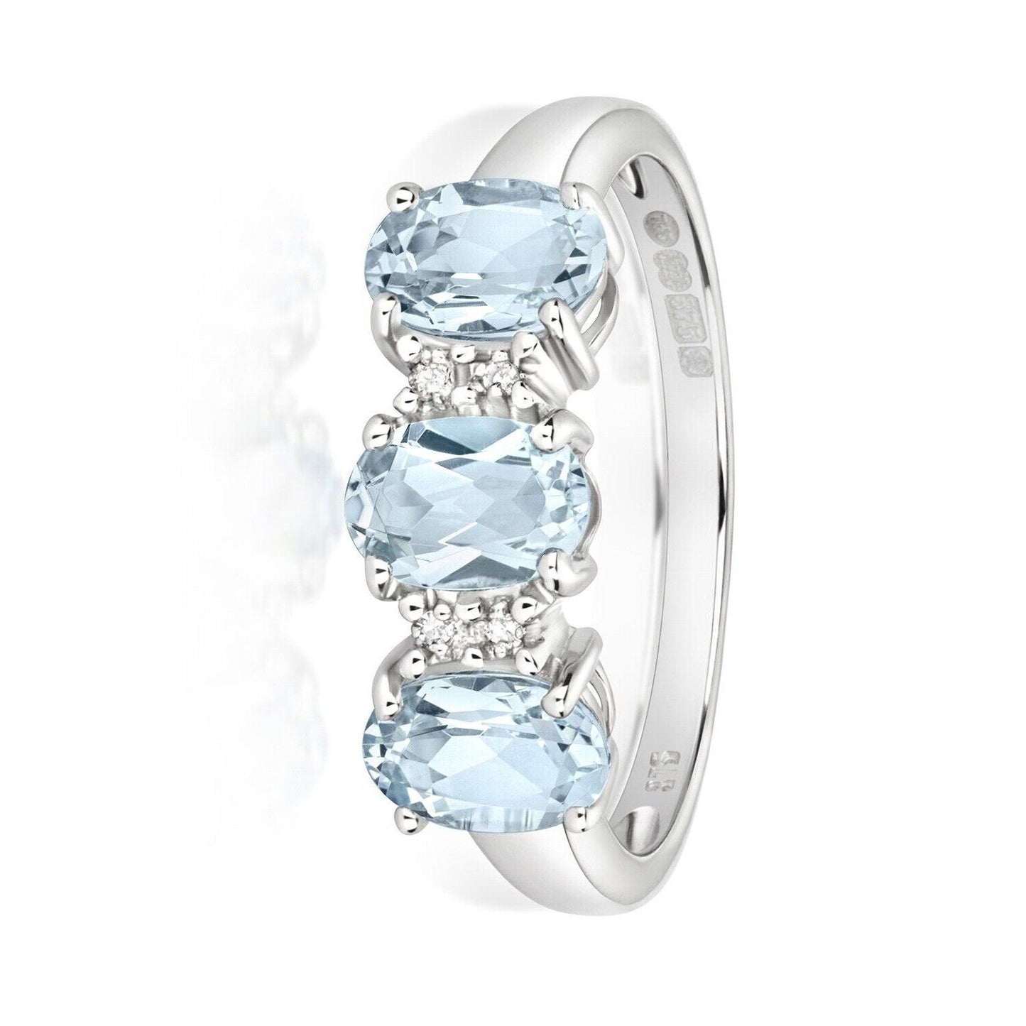 9ct White Gold Aquamarine and Diamond Ring Three Stone Trilogy Size J - Q