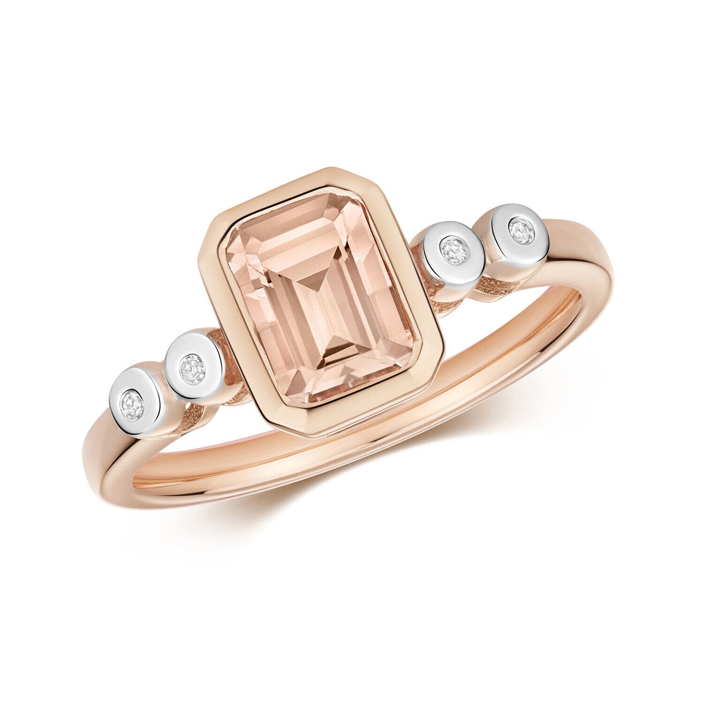 Morganite and Diamond Ring Solid Rose Gold Emerald Cut Smooth Set Solitaire