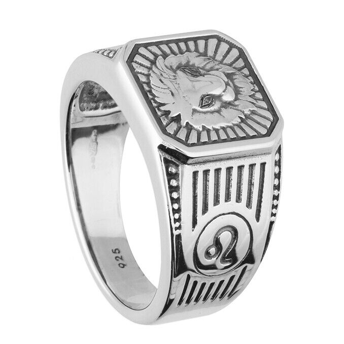 Leo Zodiac Ring Men's Solid Sterling Silver Ring British Made