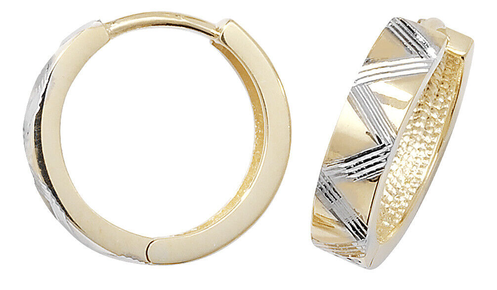 Two Colour Gold Huggie Earrings Diamond Cut Hoop 16mm British made 9ct Hallmark