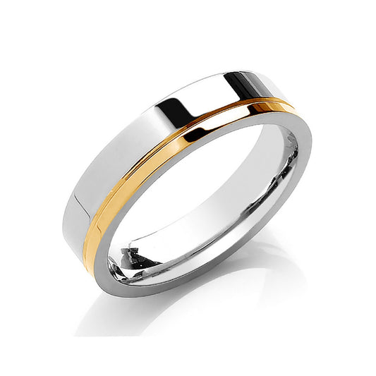5mm Flat Court Wedding Band Two Colour Side Groove 9ct White and Yellow Gold