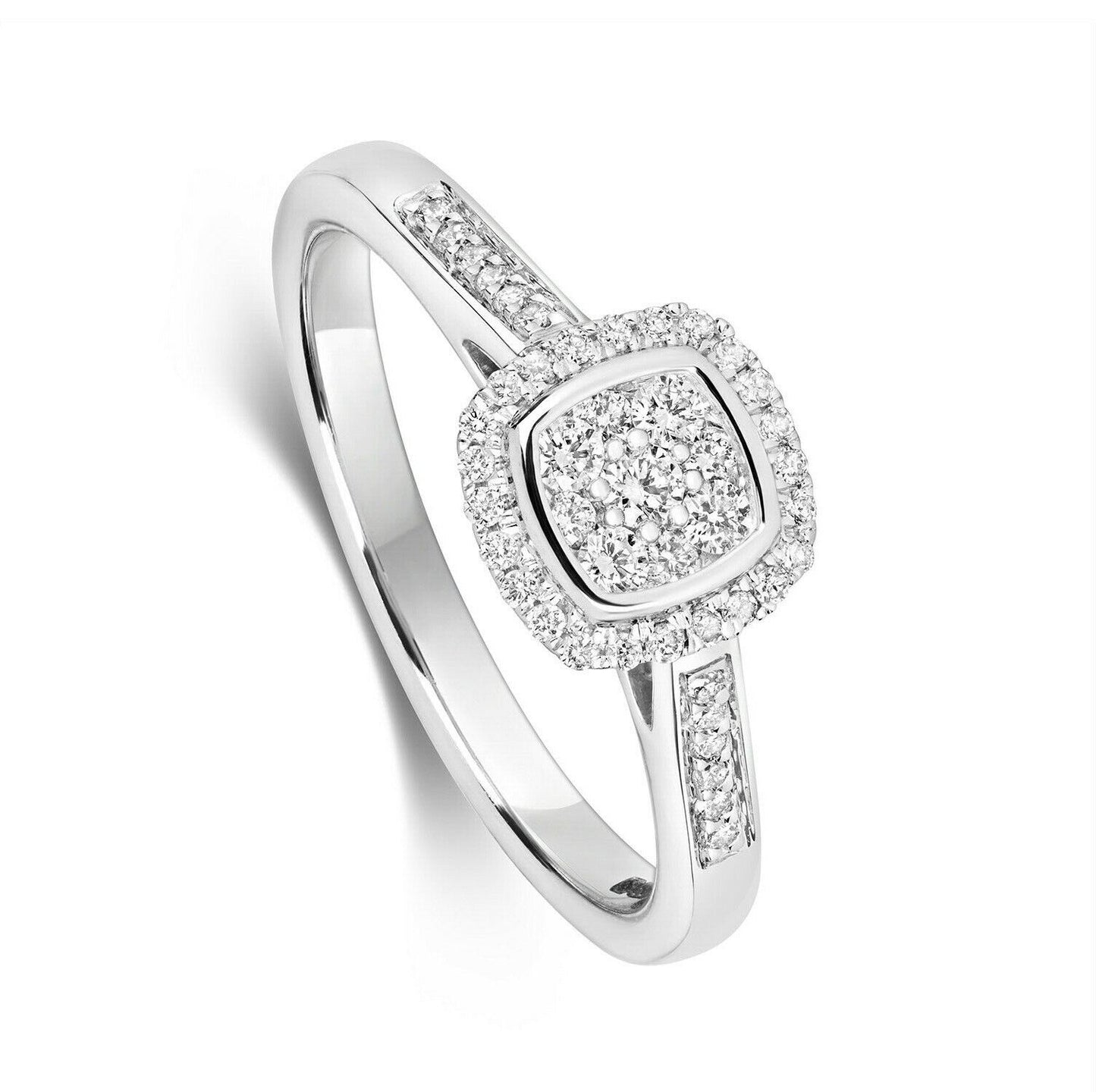Real Diamond Ring Cushion Halo Cluster 9ct White Gold 0.25ctw Engagement