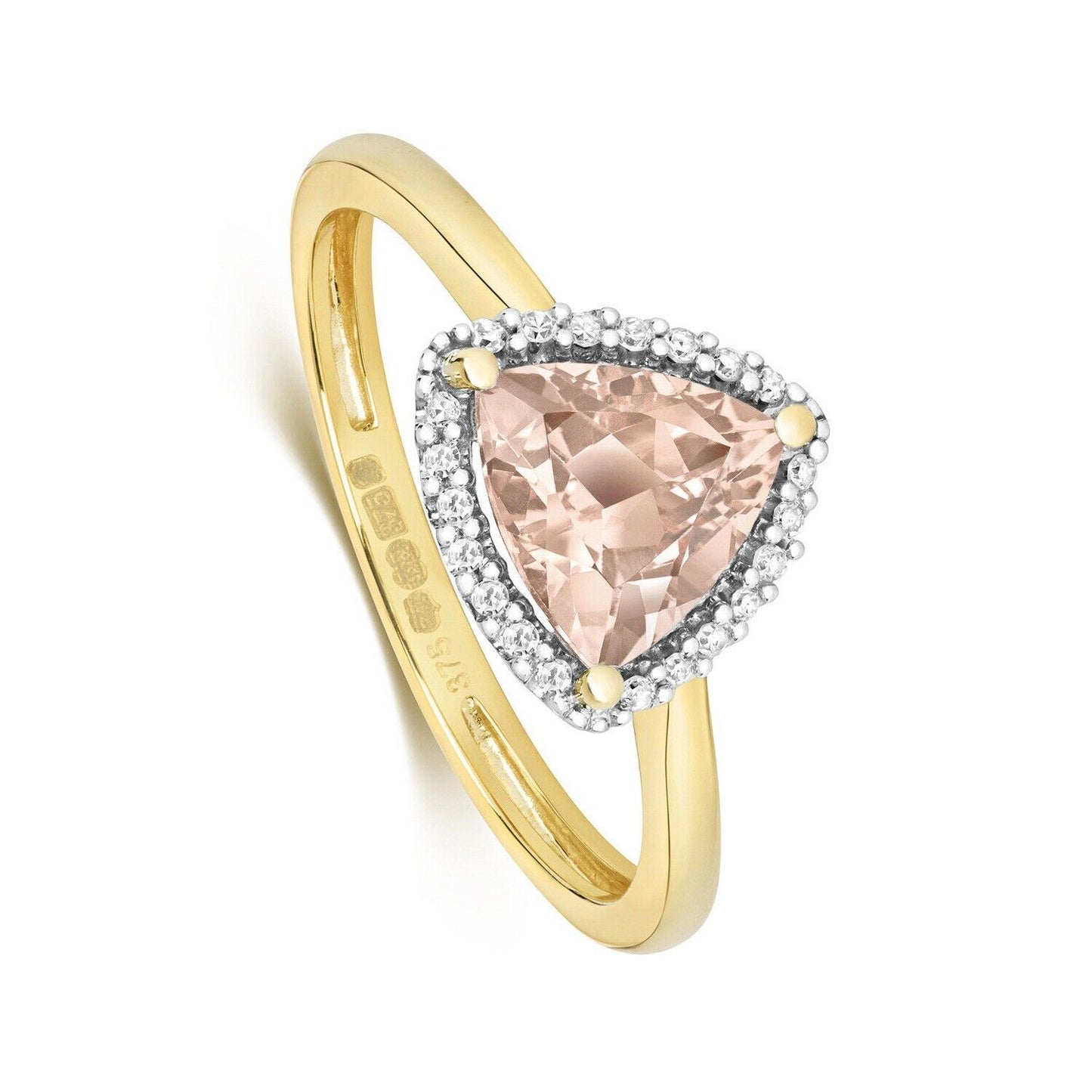 Real Morganite and Diamond Ring Solid Yellow Gold Trillion Cluster Size J-Q