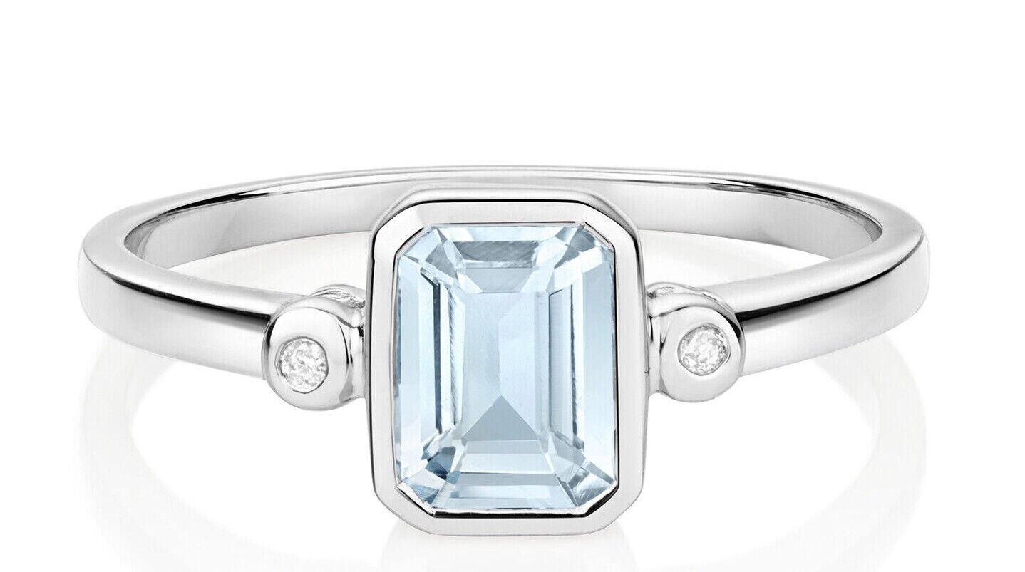 Real Aquamarine and Diamond Ring Solid White Gold Emerald Cut Solitaire Size J-Q