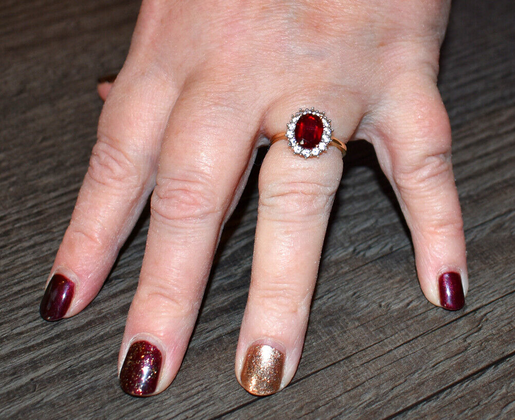 Yellow Gold Ruby Ring White Sapphire Engagement Cluster Dress Hallmarked