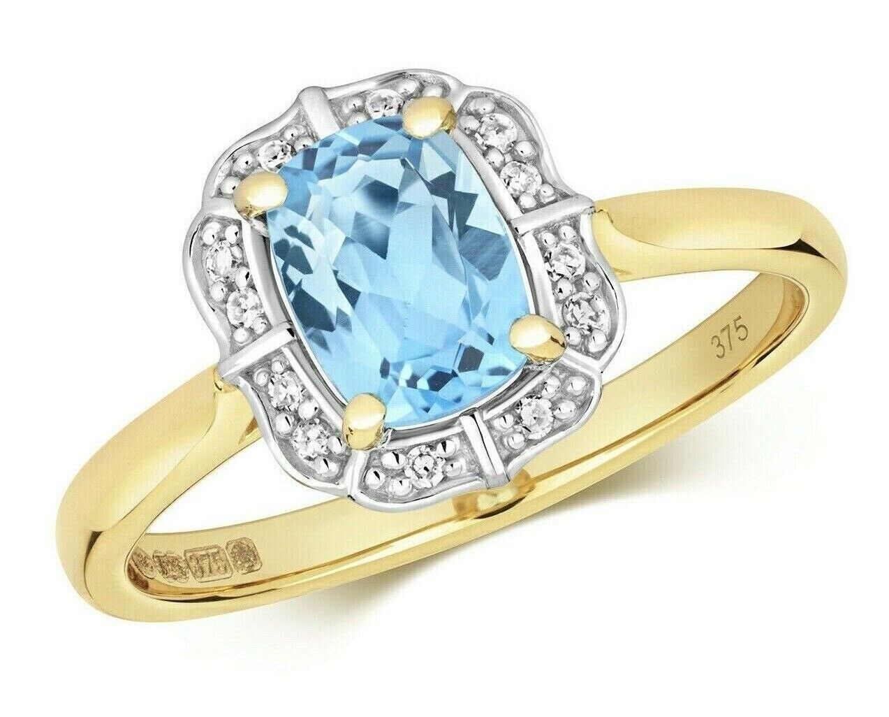 9ct Yellow Gold Blue Topaz and Diamond Ring Cushion Engagement Size JKLMNOPQ