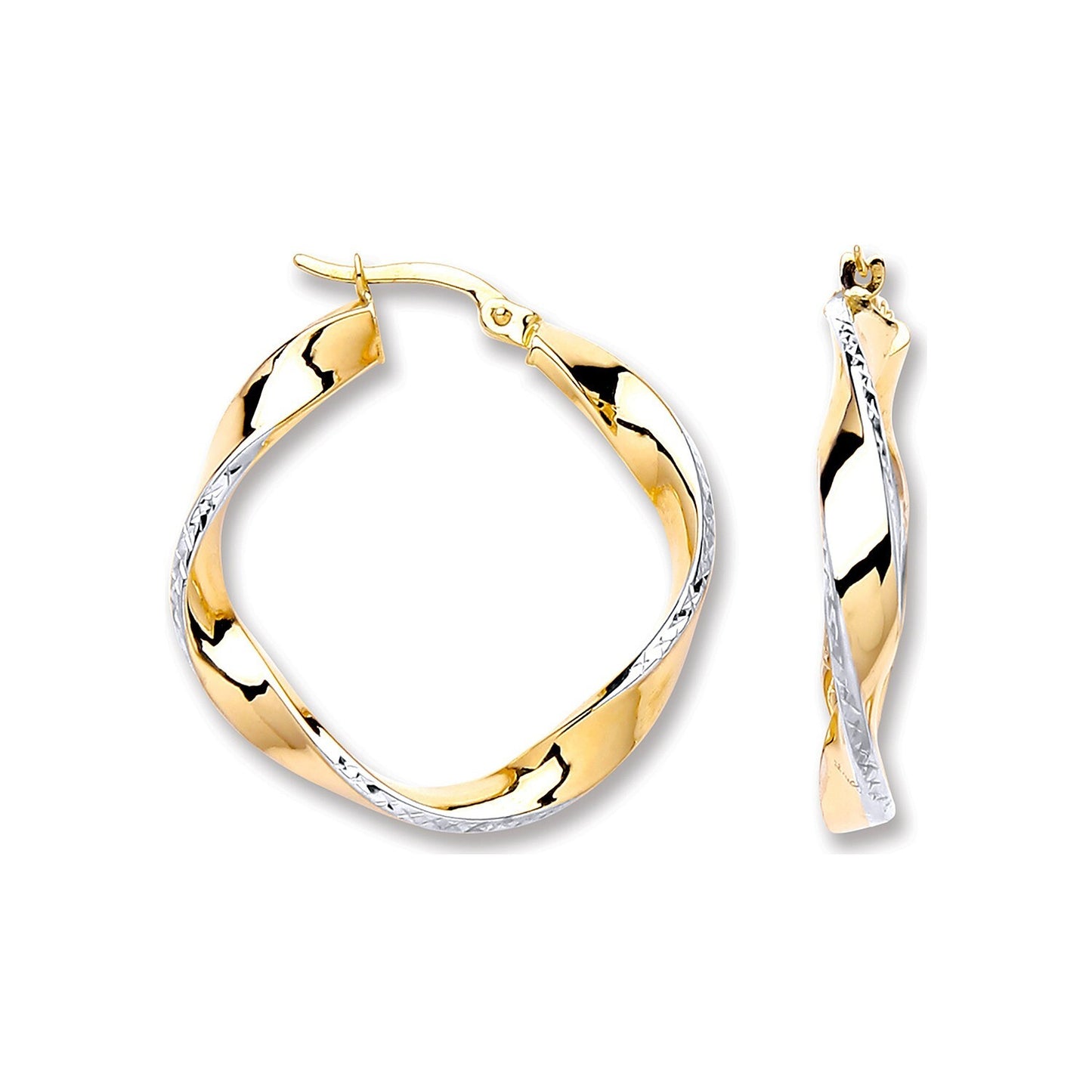 Two Colour Gold Twist Hoop Earrings 28mm Hallmarked Yellow and White Gold Hoops