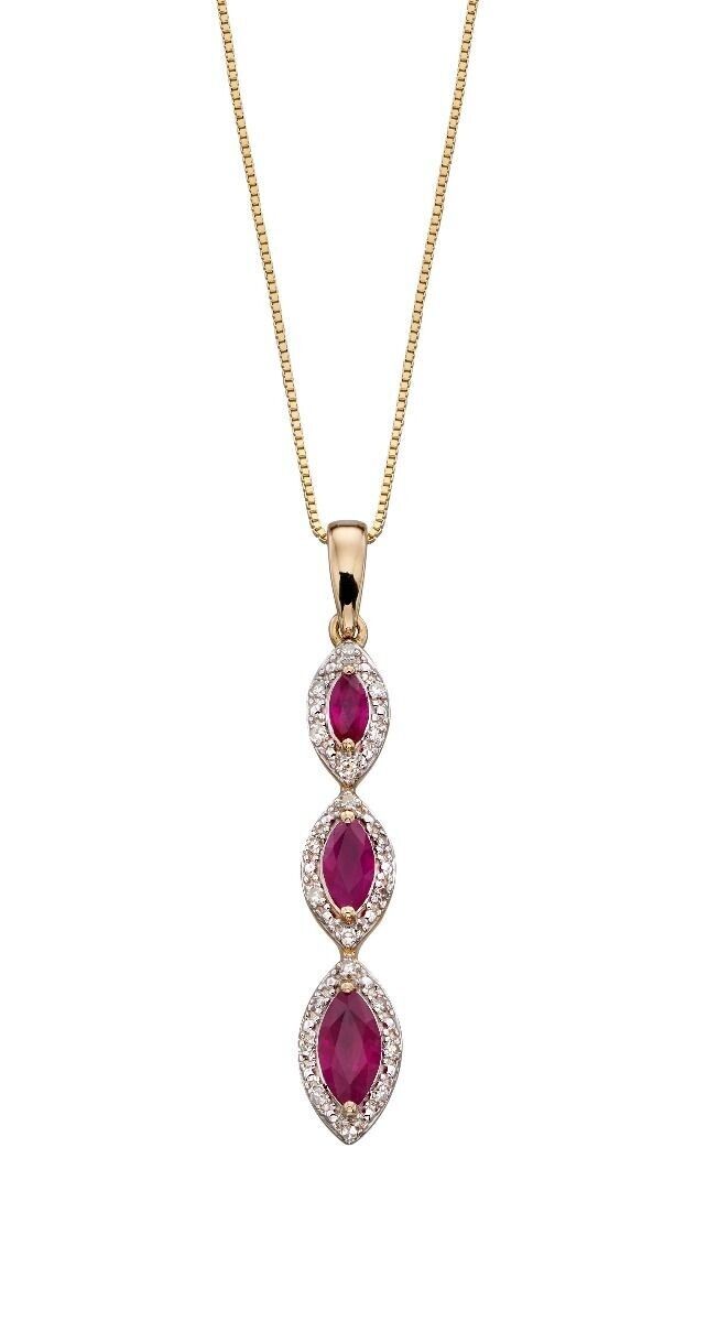 9ct Gold Ruby and Diamond Marquise Pendant and Earrings Set 16 18 or 20" Chain