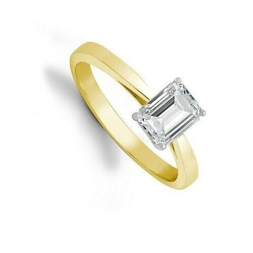 Real Diamond Solitaire Ring 18 Carat Yellow Gold Emerald Cut 0.25 Carat Size J-V
