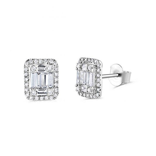 18ct White Gold 0.65ct Baguette & Brilliant Cut Diamond Rectangle Halo Earrings