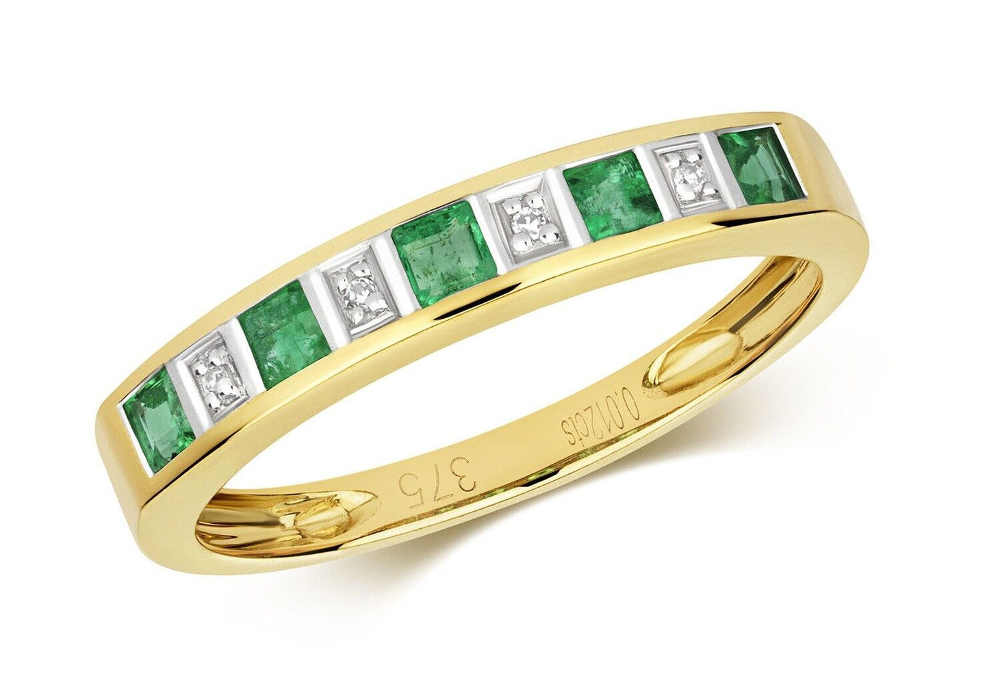 Real Emerald and Diamond Eternity Ring Solid Yellow Gold 3mm Band Size J-Q