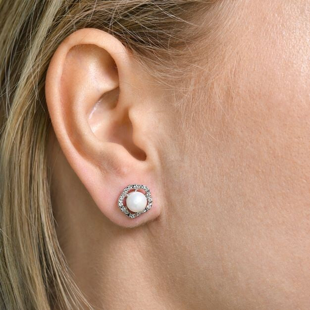 Freshwater Pearl and Diamond Flower Earrings 9ct White Gold 11mm Diameter