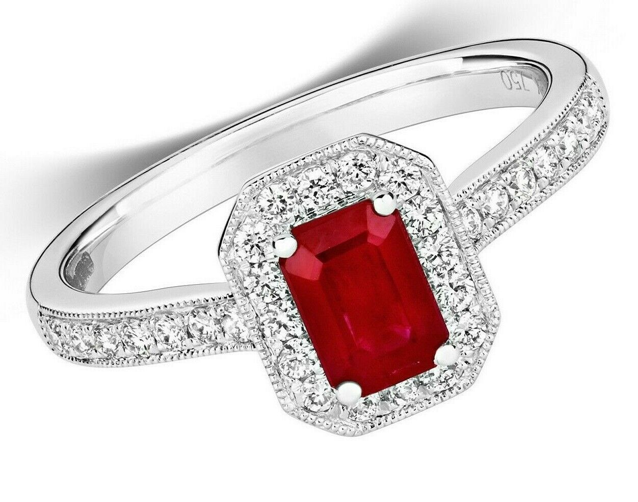 Real Ruby and Diamond Ring 18ct White Octagon Cluster