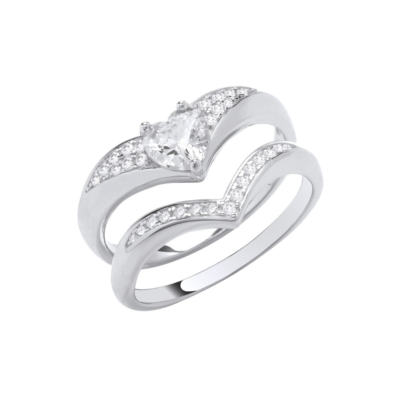 Sterling Silver Bridal Set Heart Zircon Wishbone Rings 925 Hallmark Sizes J - Q