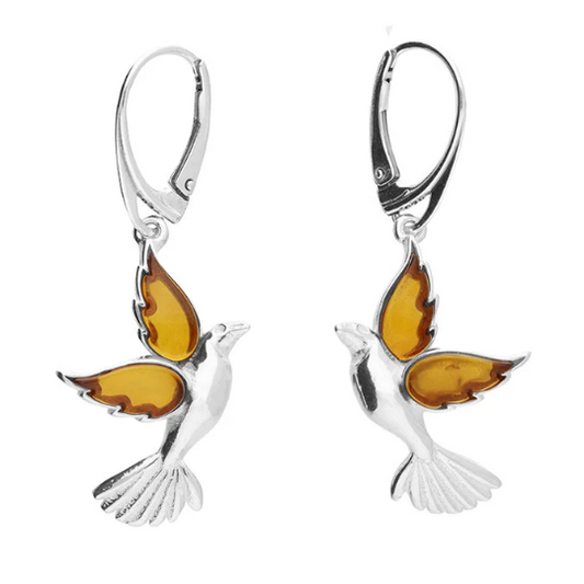 Natural Amber Dove Drop Earrings Solid Sterling Silver 925 Hallmark
