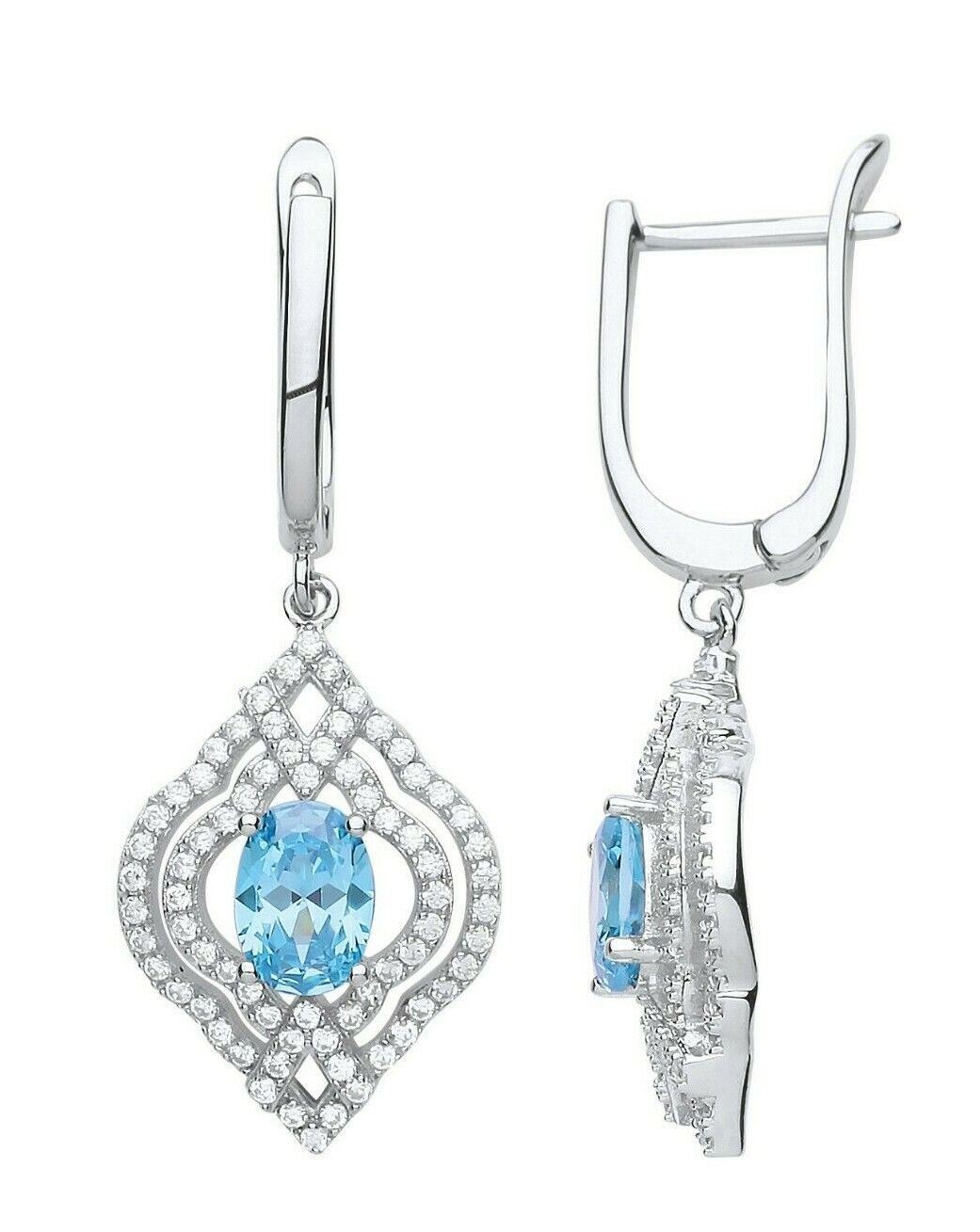 Blue Topaz Leverback Drop Earrings Sterling Silver Rhodium Plated 925 Hallmark