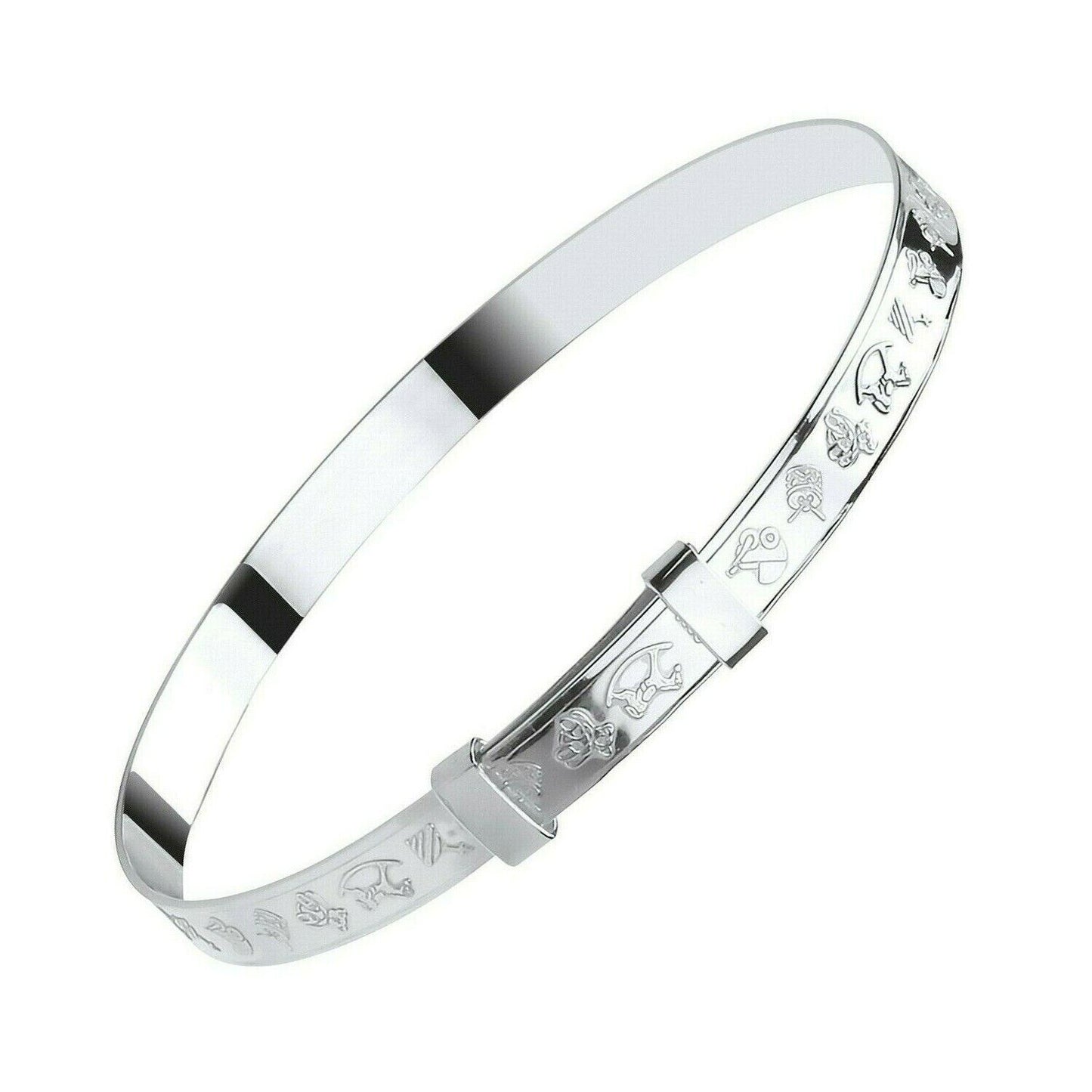 Silver Baby Bangle Embossed with Rocking horse, Baby Rattle, Teddy, Pram, Drums