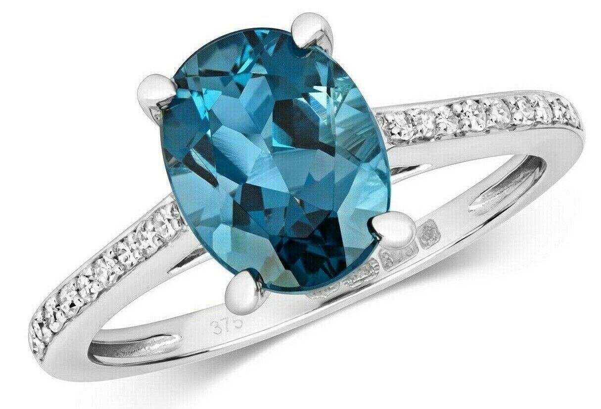 Real London Blue Topaz and Diamond Ring Solid White Gold Solitaire Size JKLMNOPQ