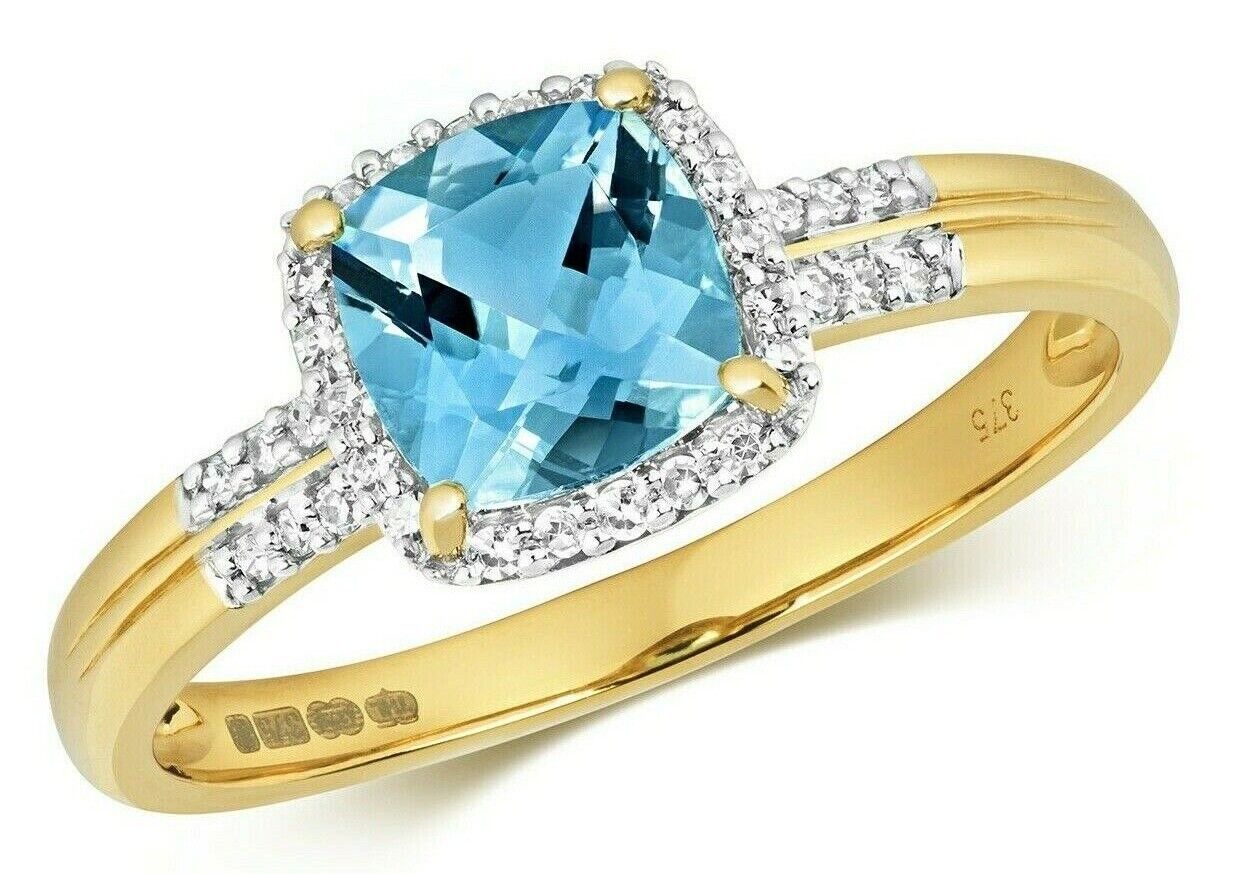 Real Swiss Blue Topaz and Diamond Ring Solid Yellow Gold Cushion Size J - Q