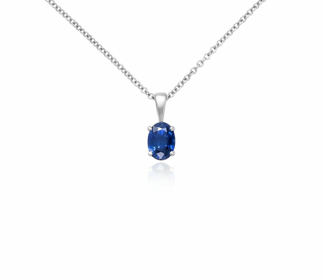 Sapphire Oval Solitaire Pendant White Gold Hallmarked 18" Chain British Made