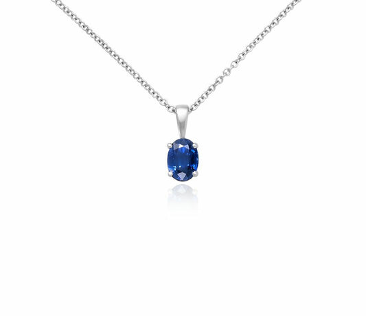 Sapphire Oval Solitaire Pendant White Gold Hallmarked 18" Chain British Made