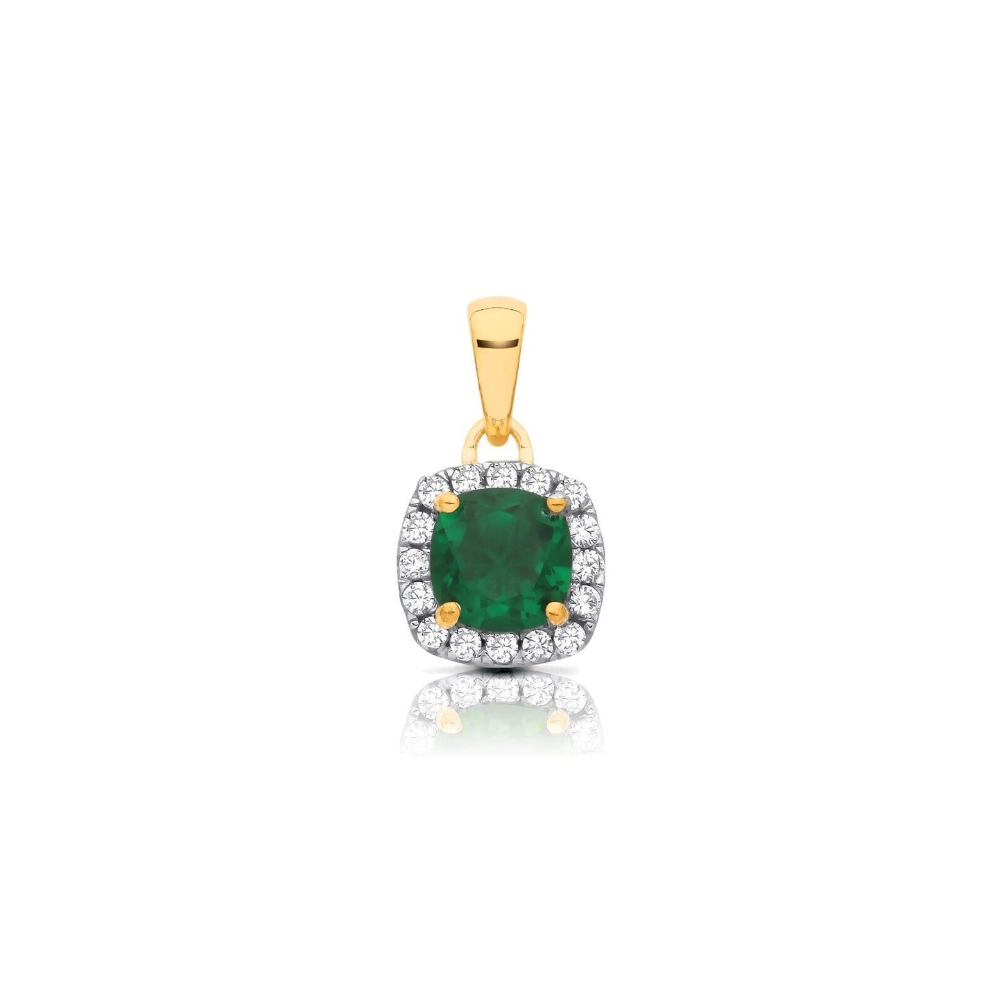 Emerald Cushion Cluster Pendant Solid 9ct Yellow Gold 18" Chain Hallmarked