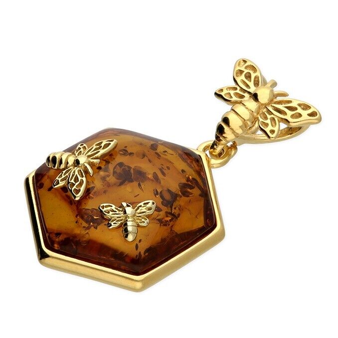 Cognac Baltic Amber Bumble Bee Pendant 18ct Yellow Gold on 925 Sterling Silver