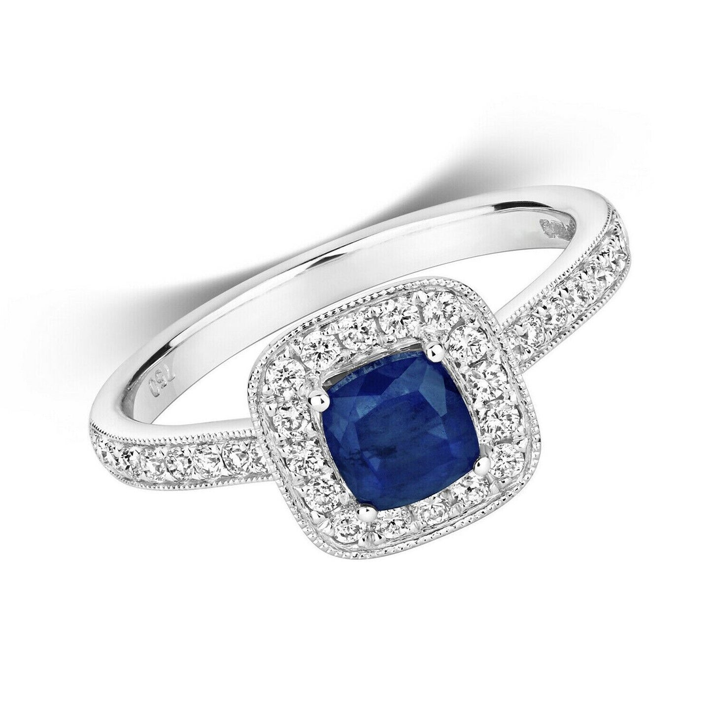 Real Sapphire and Diamond Ring 18ct White Gold Square Cushion Halo Cluster