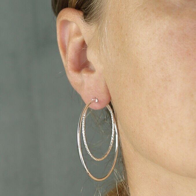 Large Hoop Earrings 45mm Plain & Textured Double Hoop 925 Sterling Silver