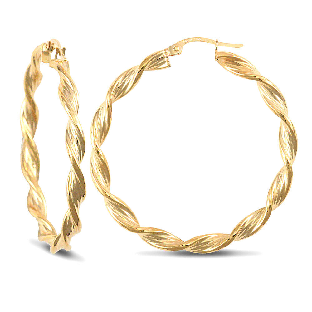 9ct Yellow Gold Barked Twist Style Earrings British Made Hallmarked 36mm