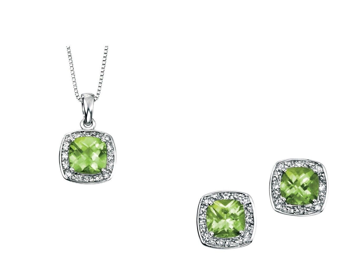 Real Peridot and Diamond Set White Gold Pendant Earrings 16 18 or 20" Chain