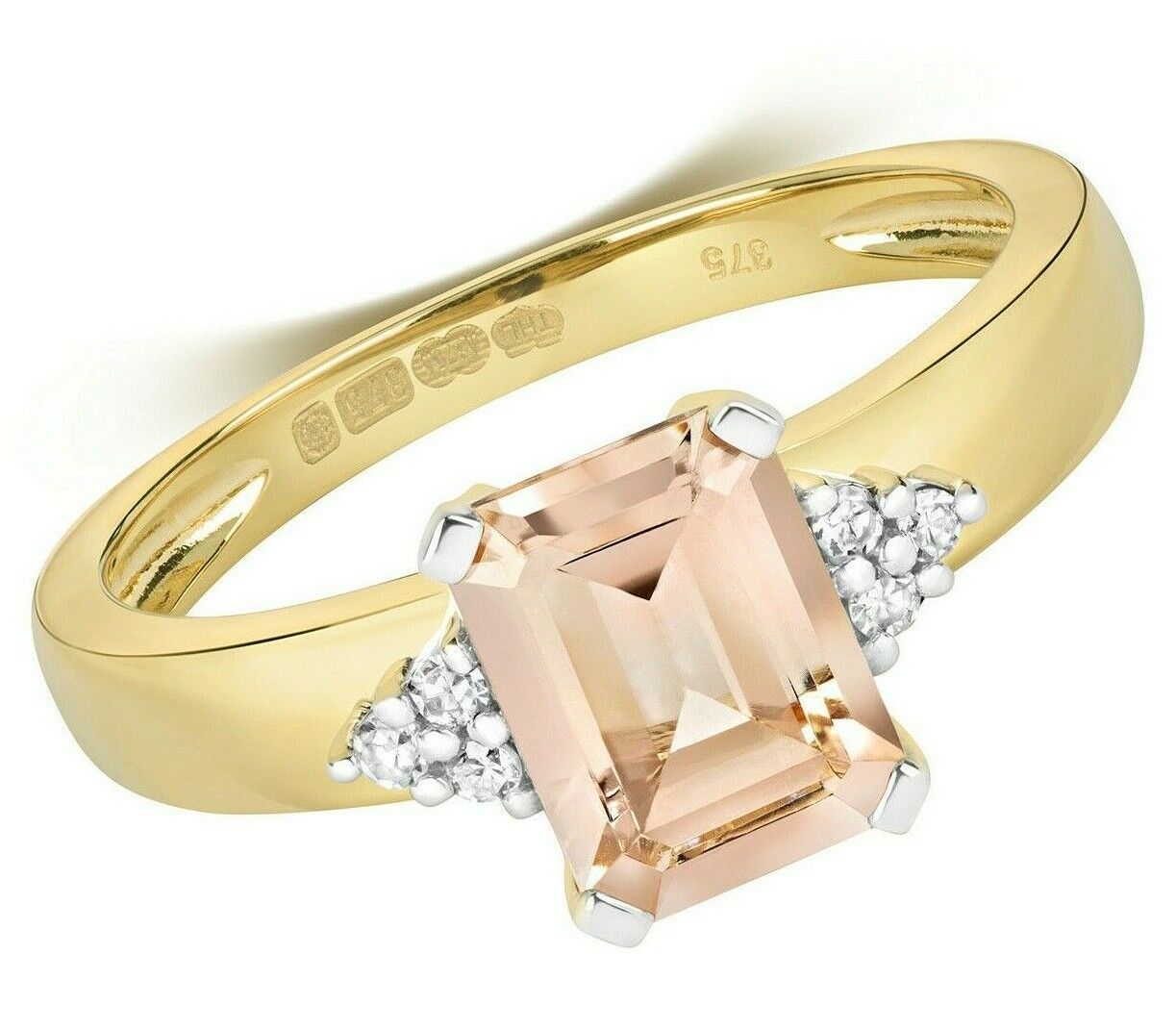 Real Morganite and Diamond Ring 9ct Yellow Gold Emerald Cut Solitaire Size J - Q