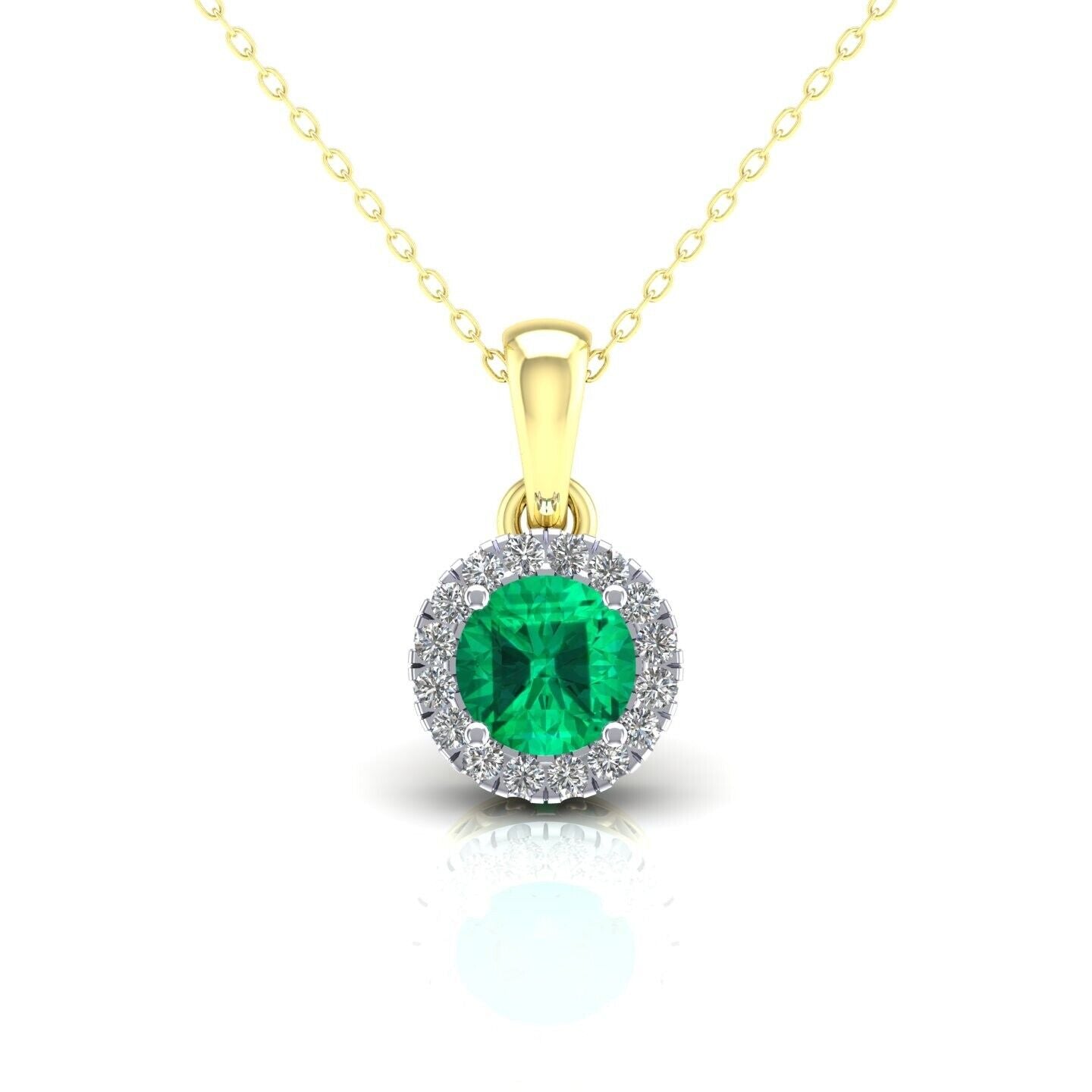 Emerald Round Cluster Pendant Solid 9ct Yellow Gold 18" Chain Hallmarked