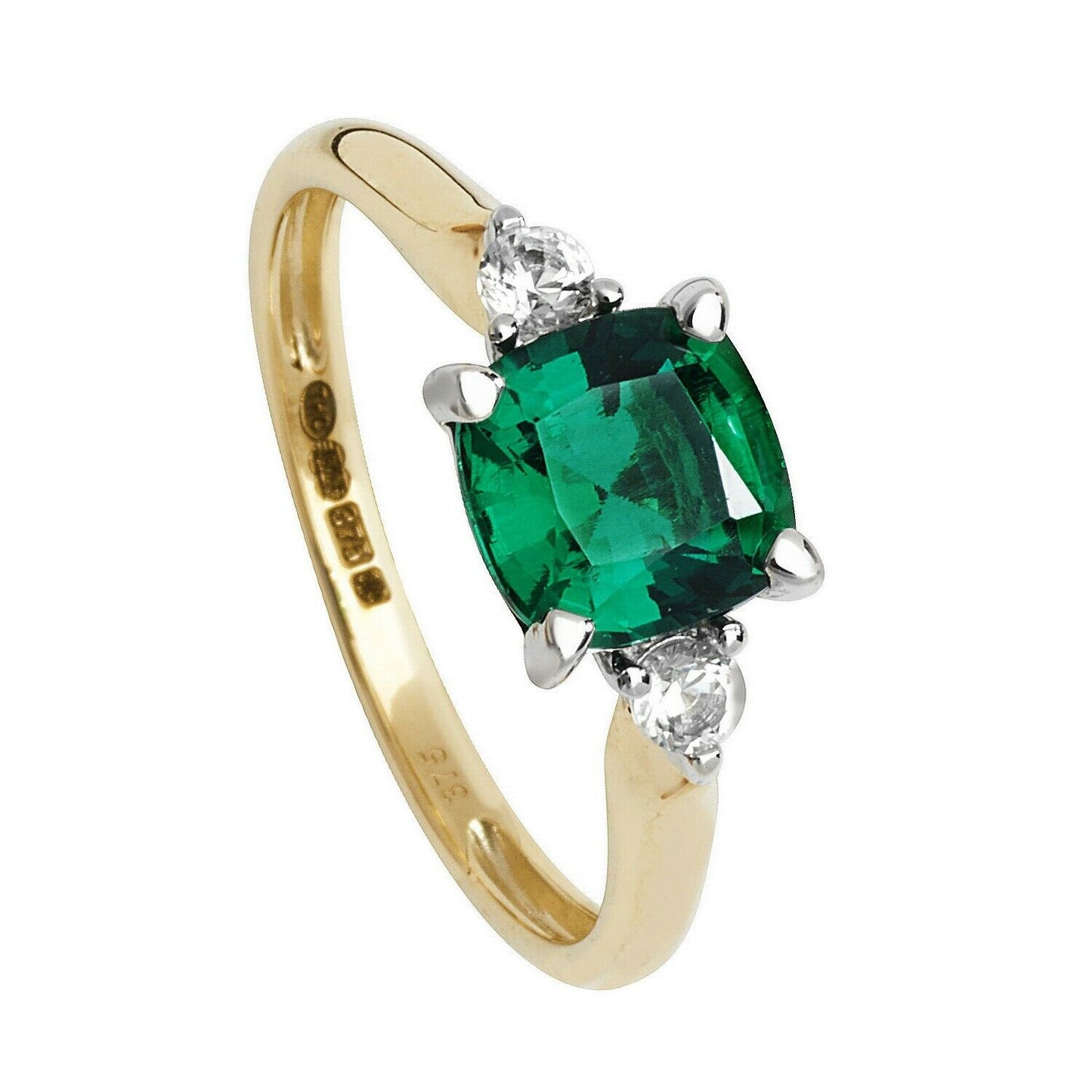 Yellow Gold Emerald Solitaire Ring Cushion White Sapphire Engagement Hallmarked