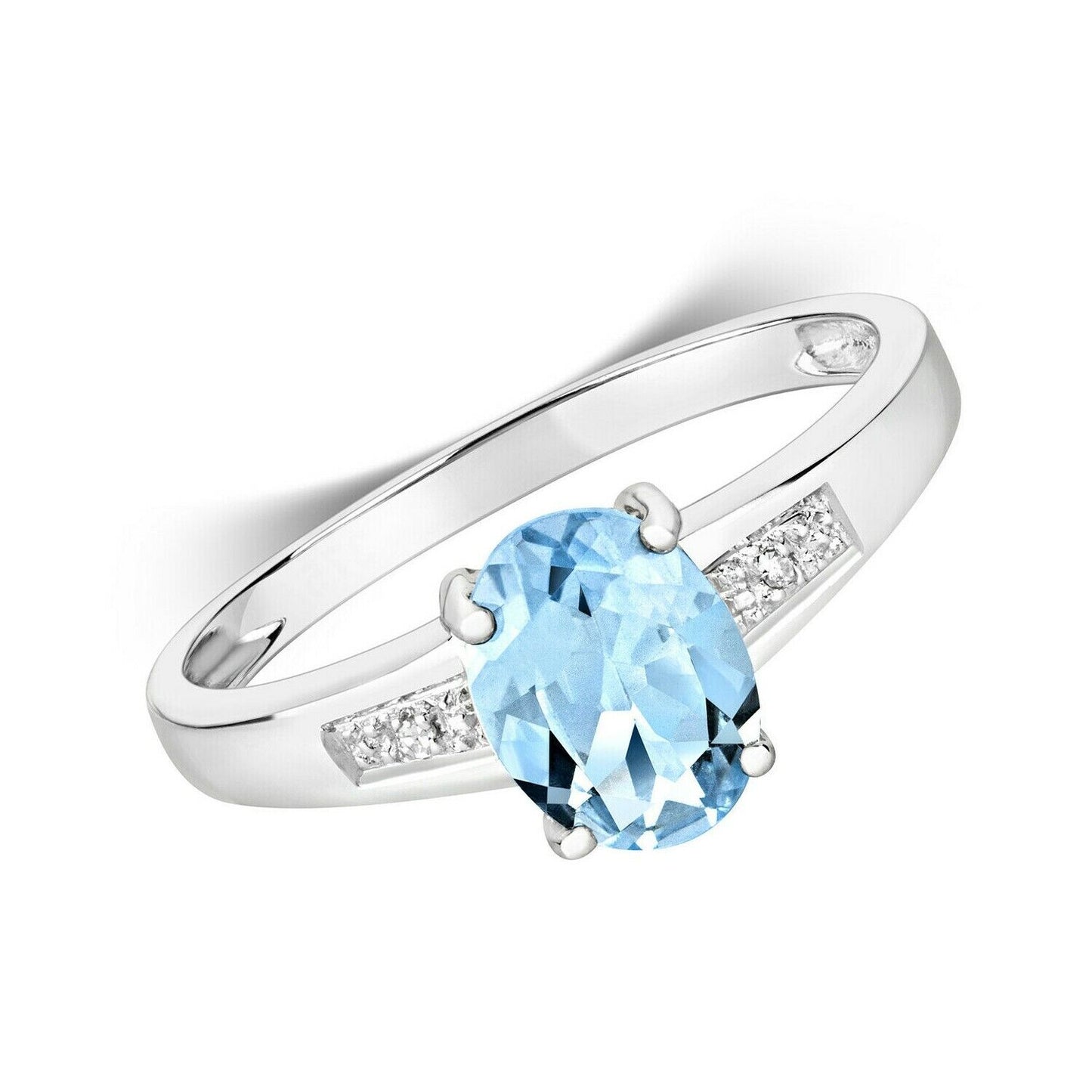 Real Aquamarine and Diamond Ring Solid White Gold Oval Solitaire Size J - Q